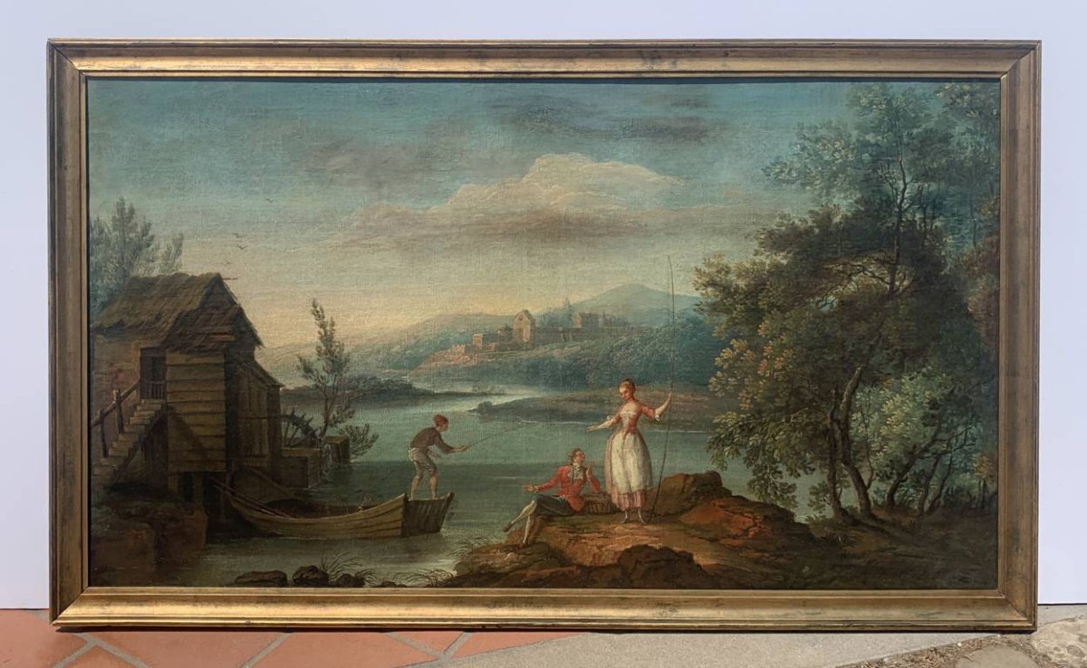 Pittore francese (XVIII sec.) - Paesaggio arcadico con pescatori e figurine galanti.-photo-4