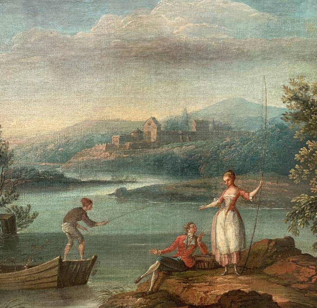Pittore francese (XVIII sec.) - Paesaggio arcadico con pescatori e figurine galanti.-photo-1