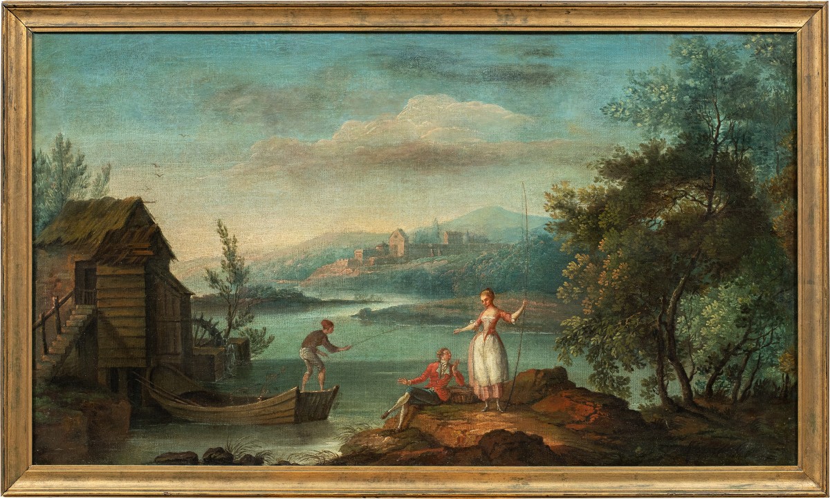 Pittore francese (XVIII sec.) - Paesaggio arcadico con pescatori e figurine galanti.
