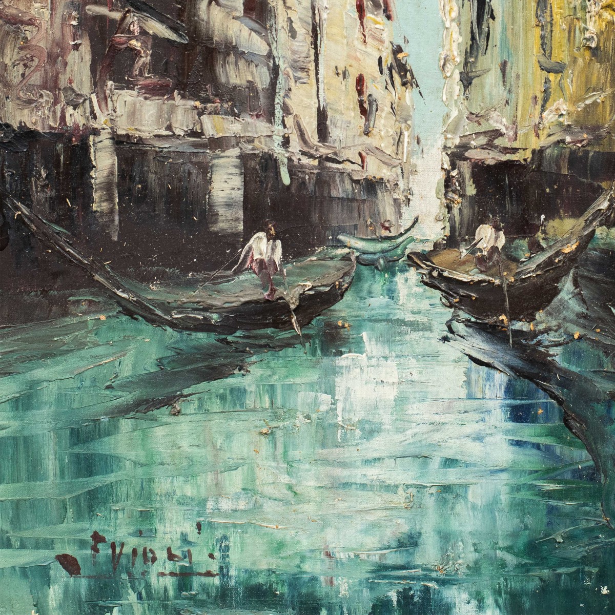 Pittore veneziano (inizi XX sec.) - Veduta di Venezia con canale e gondole.-photo-2