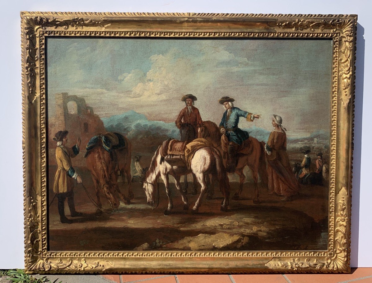 Giuseppe Zais (Forno di Canale 1709 - Treviso 1784) - Paesaggio con cavalieri in sosta.-photo-4