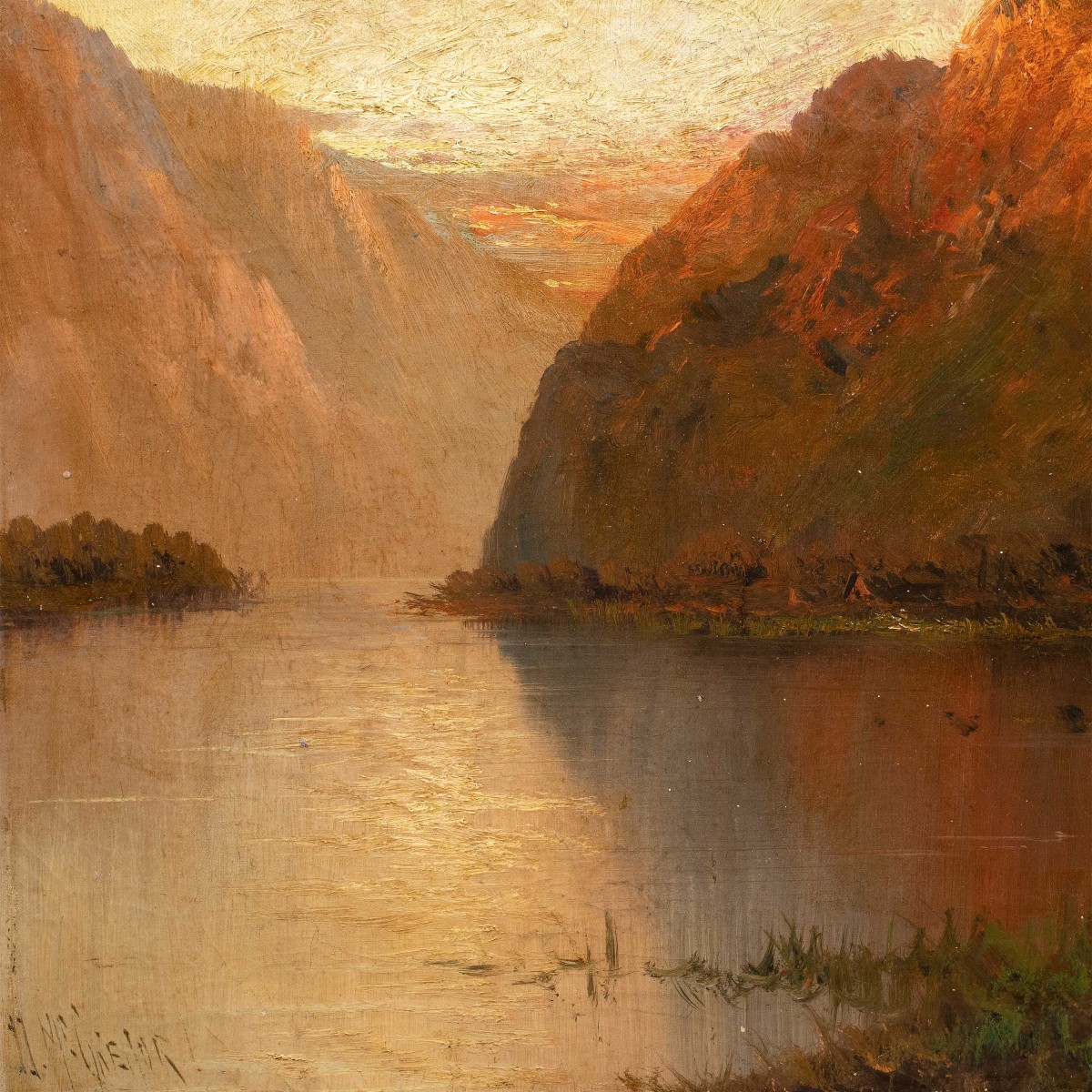 Pittore britannico (fine XIX sec.) - Veduta di Loch Lomond al tramonto.-photo-2