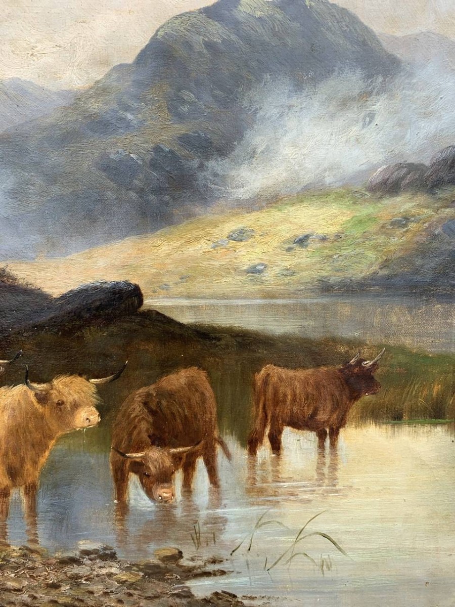 Pittore britannico (fine XIX sec.) - Paesaggio con Mandria di Highlanders al lago.-photo-1