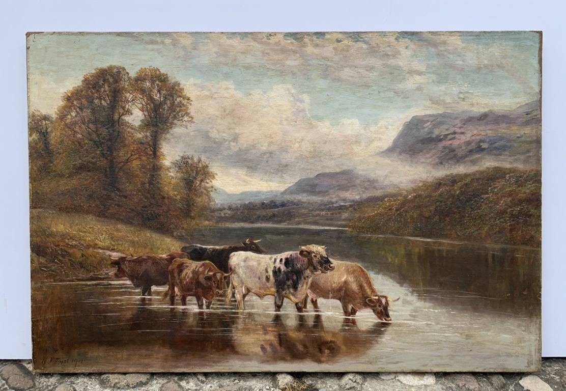 William Vivian Tippett (British, 1833 - 1910) - Paesaggio con mucche al lago.-photo-4