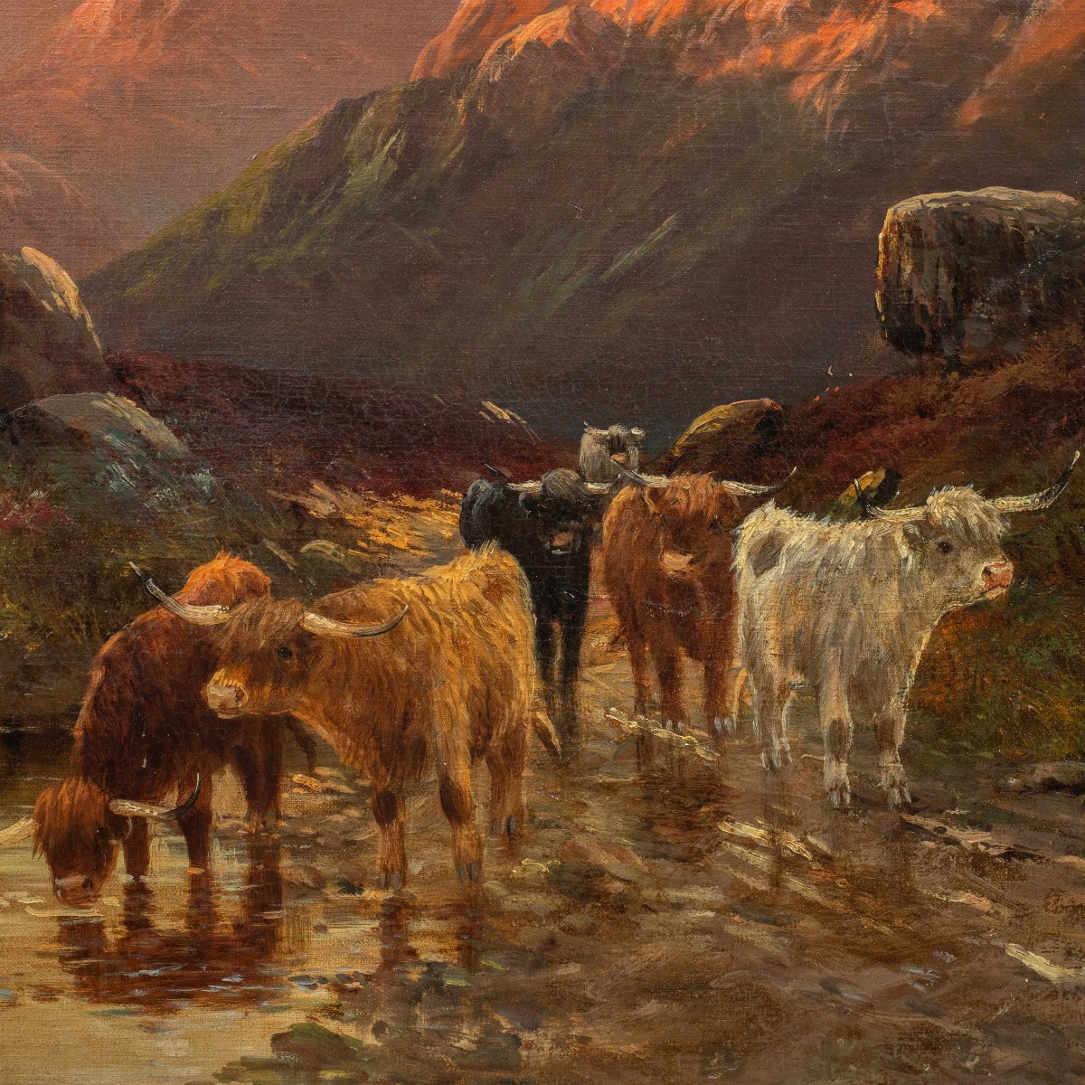 W. Richard (British, fine XIX sec.) - Paesaggio con Mandria di Highlanders al lago.-photo-2