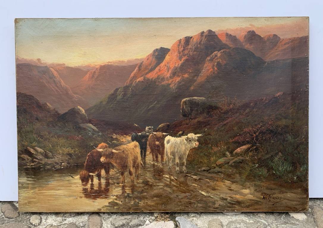 W. Richard (British, fine XIX sec.) - Paesaggio con Mandria di Highlanders al lago.-photo-4