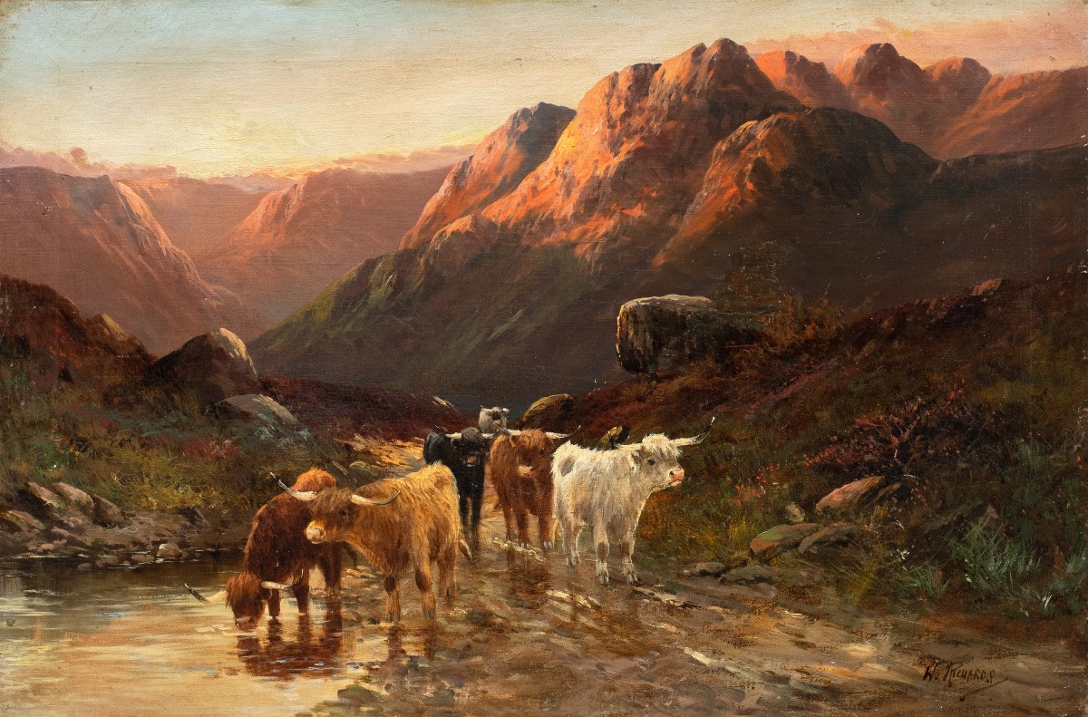 W. Richard (British, fine XIX sec.) - Paesaggio con Mandria di Highlanders al lago.