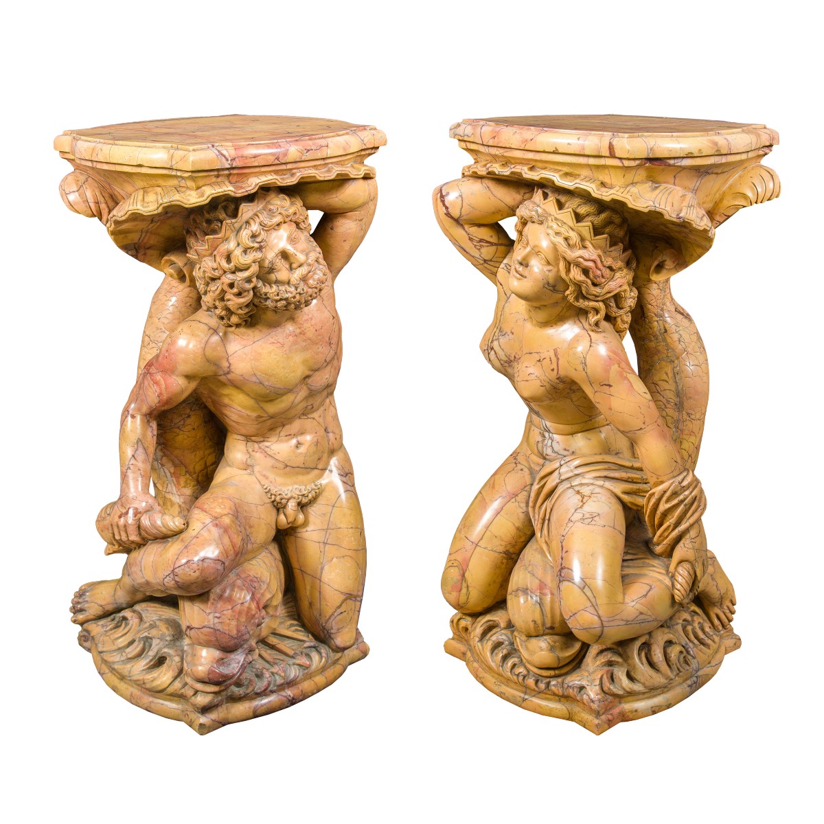 Coppia di sculture reggi-vaso in marmo giallo - Poseidone e Anfitrite. Italia, XIX-XX secolo.-photo-2