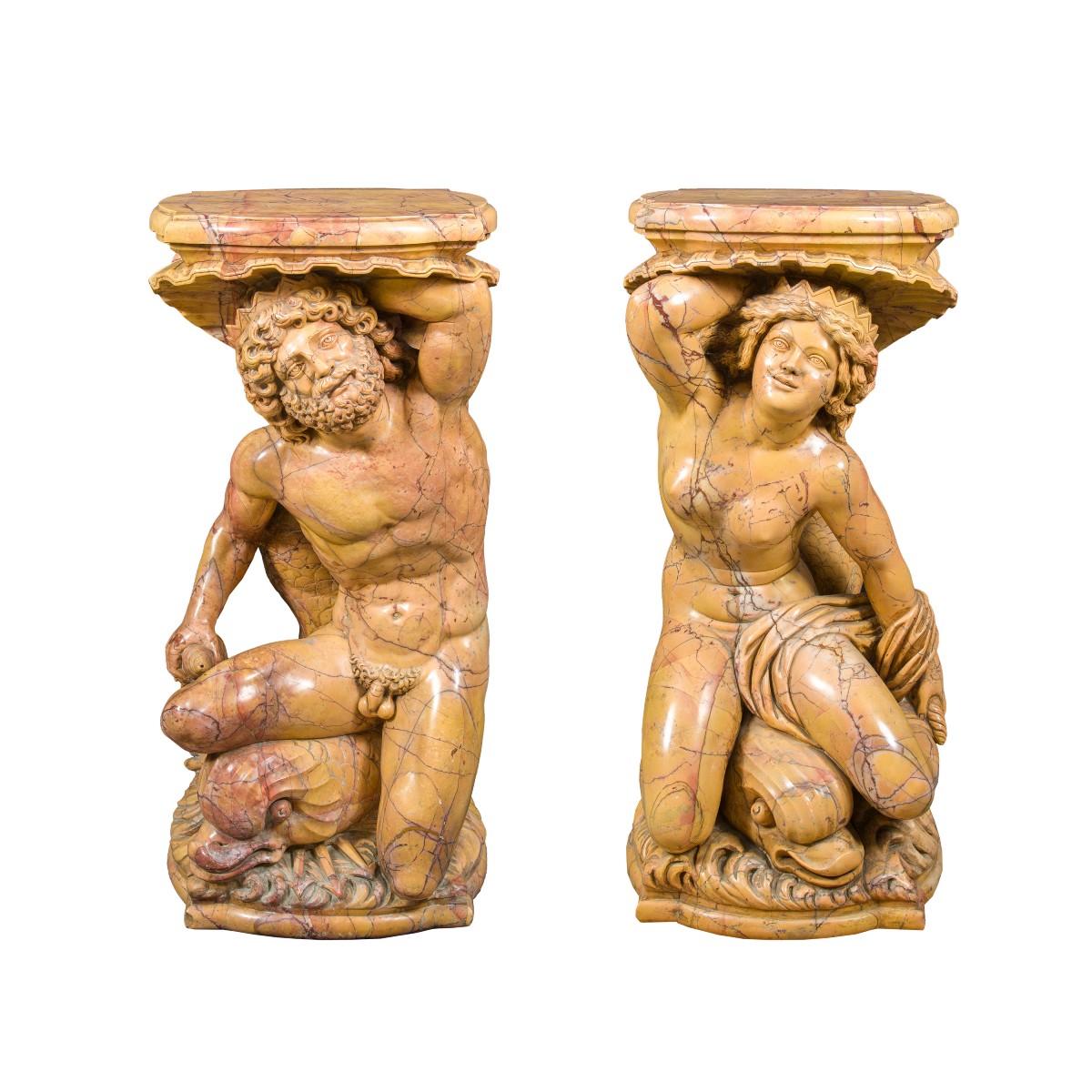 Coppia di sculture reggi-vaso in marmo giallo - Poseidone e Anfitrite. Italia, XIX-XX secolo.
