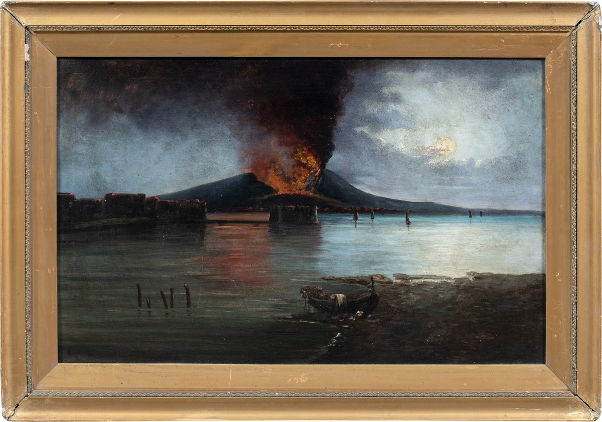 Pittore italiano (XIX sec.) - Golfo di Napoli col Vesuvio in eruzione.
