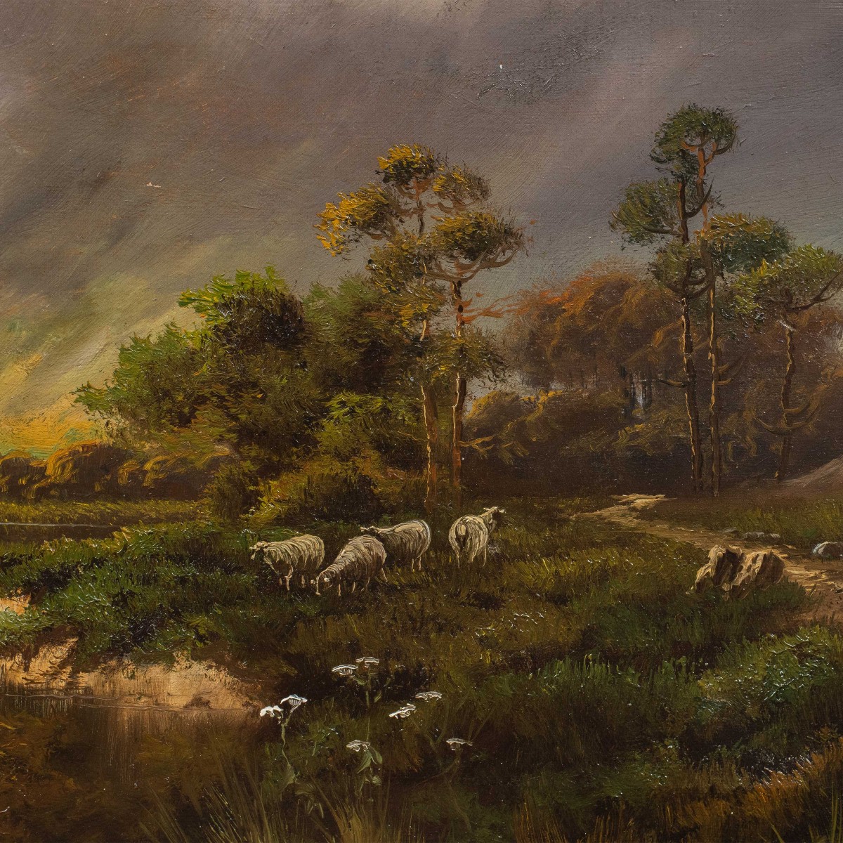 J. M. Ducker (British, inizi XX sec.) - Paesaggio montano con lago e pecore.-photo-2