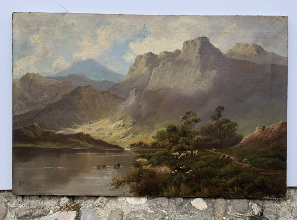 J. M. Ducker (British, inizi XX sec.) - Paesaggio montano con lago e pecore.-photo-4