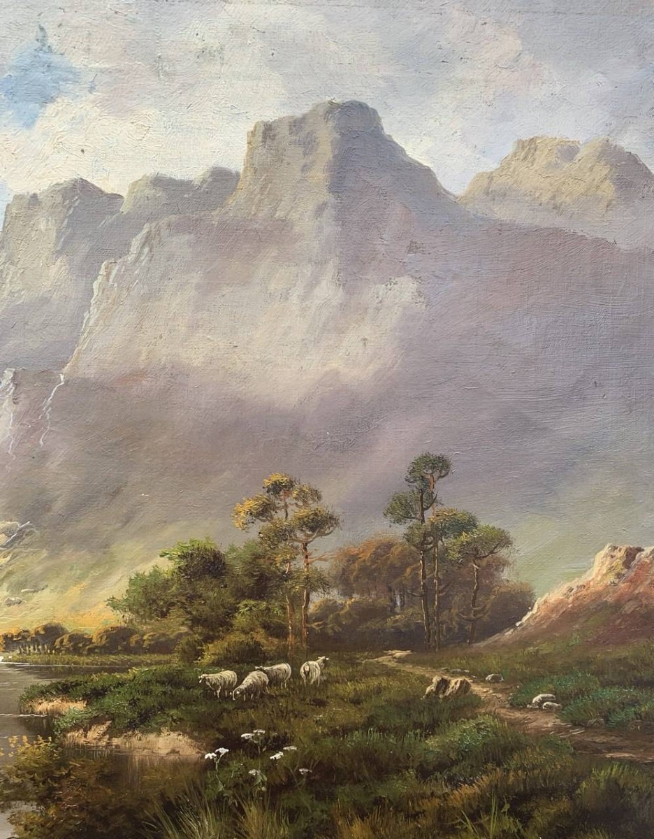 J. M. Ducker (British, inizi XX sec.) - Paesaggio montano con lago e pecore.-photo-1