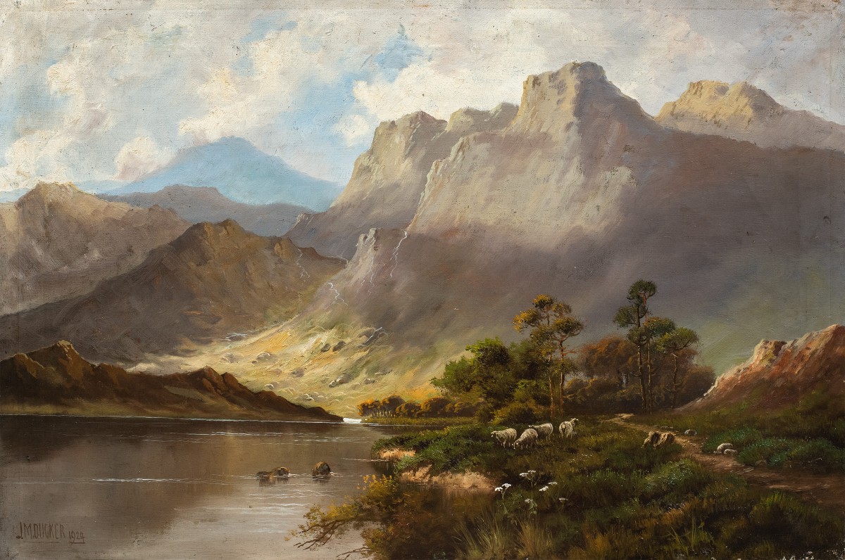 J. M. Ducker (British, inizi XX sec.) - Paesaggio montano con lago e pecore.
