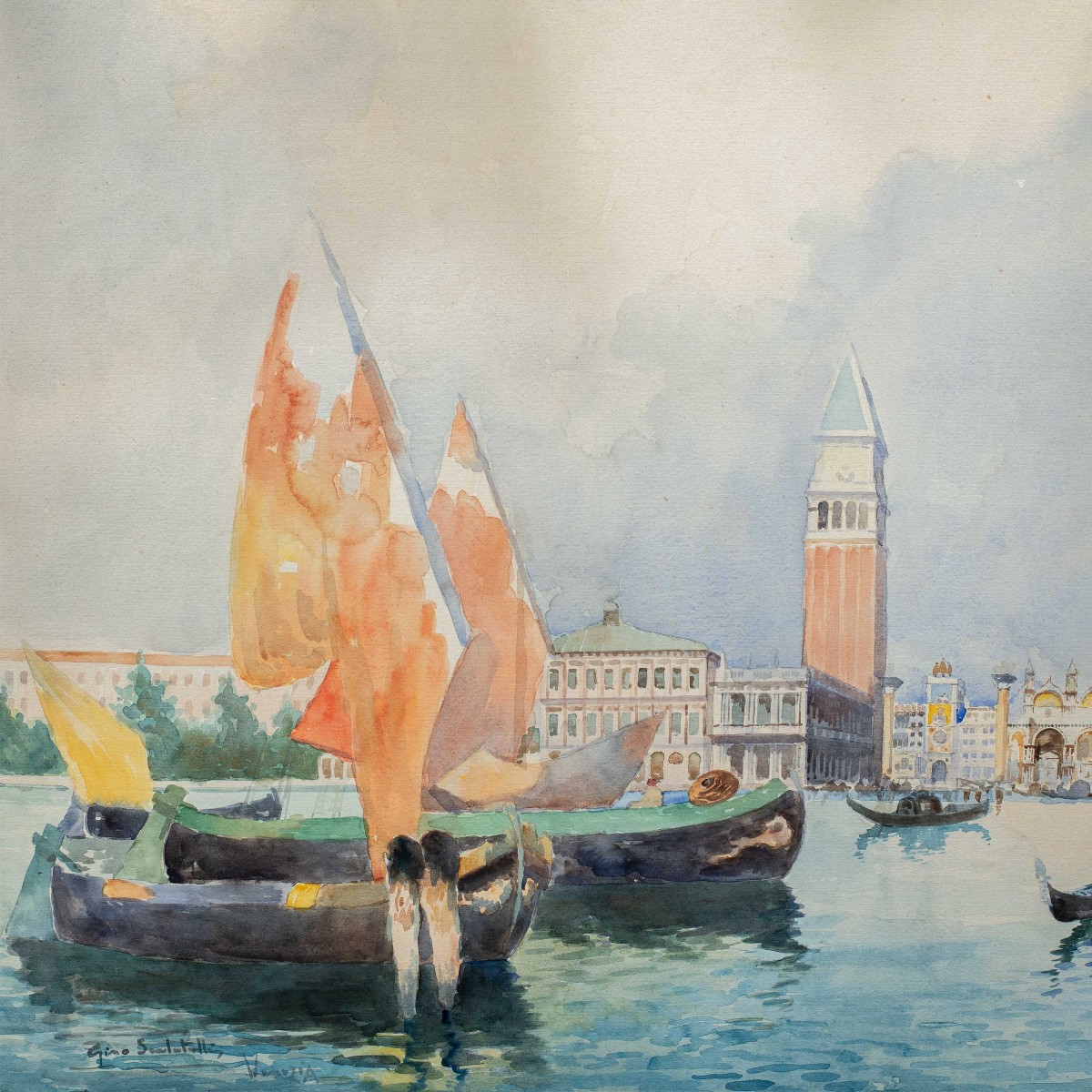 Gino Scalatelli (Venezia 1870 - Venezia 1920) - Venezia, veduta del bacino di S. Marco.-photo-2