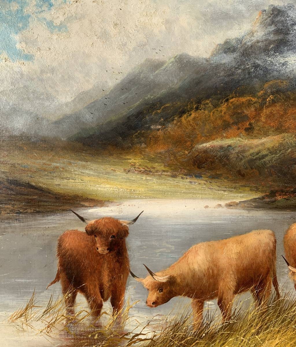 Frank Walters (British, fine XIX sec.) - Bestiame delle Highlands al lago.-photo-1