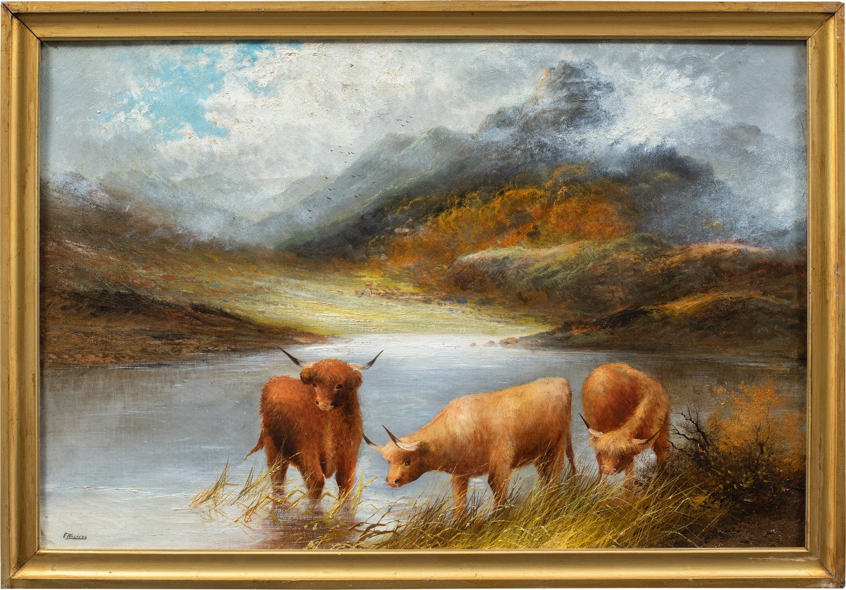 Frank Walters (British, fine XIX sec.) - Bestiame delle Highlands al lago.
