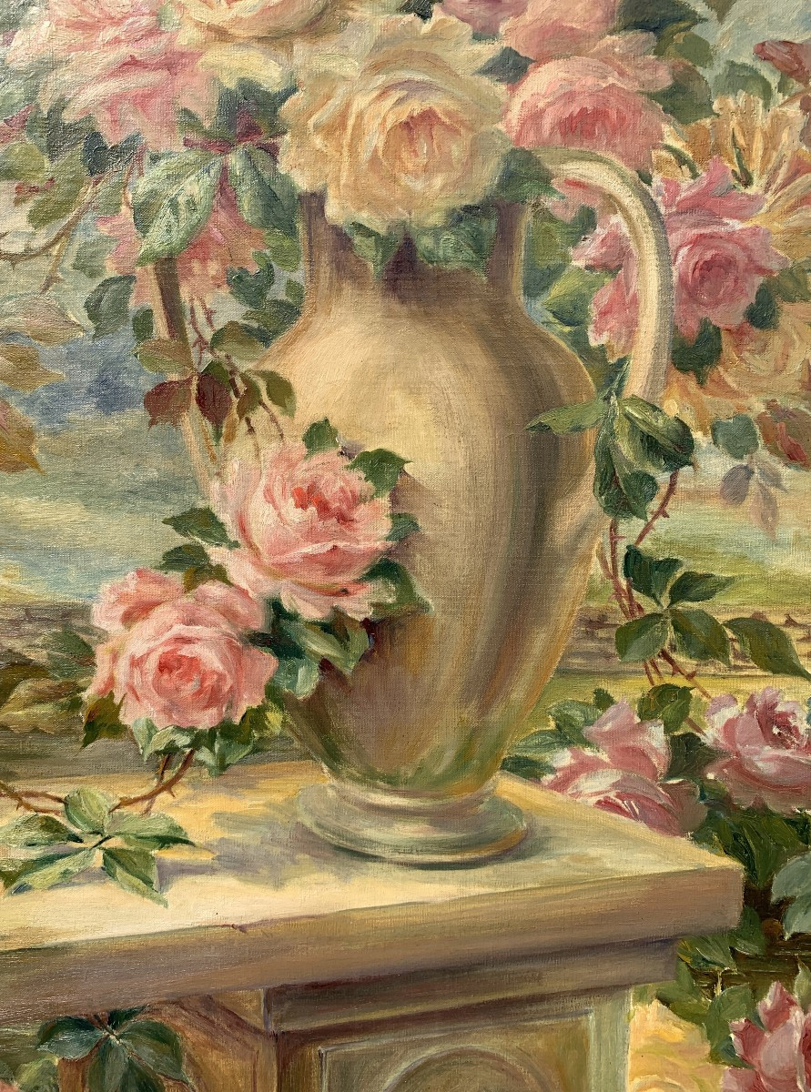 Pittore francese (datato 1919) - Natura morta con vaso di rose.-photo-2