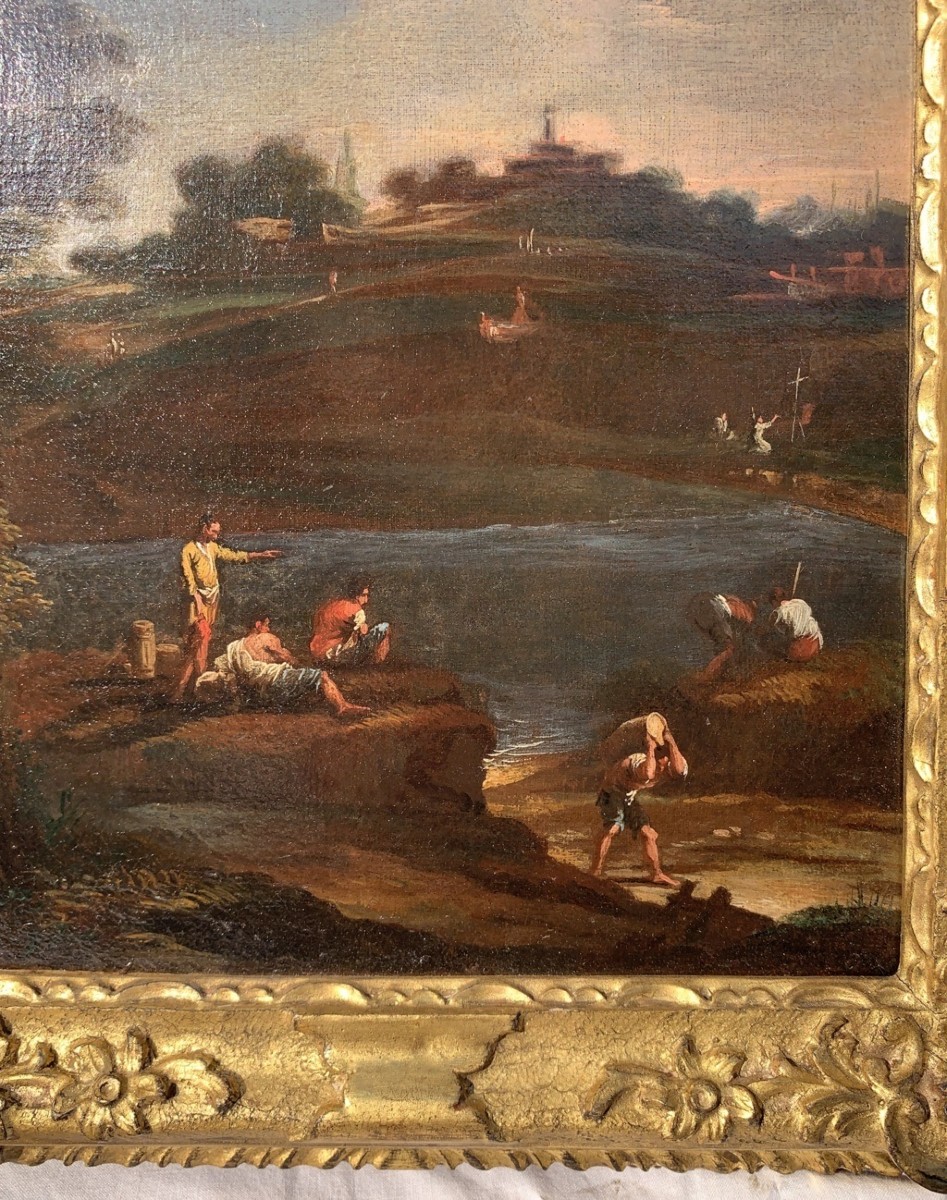 Pittore veneziano (XVIII sec.) - Paesaggio fluviale con personaggi.-photo-2