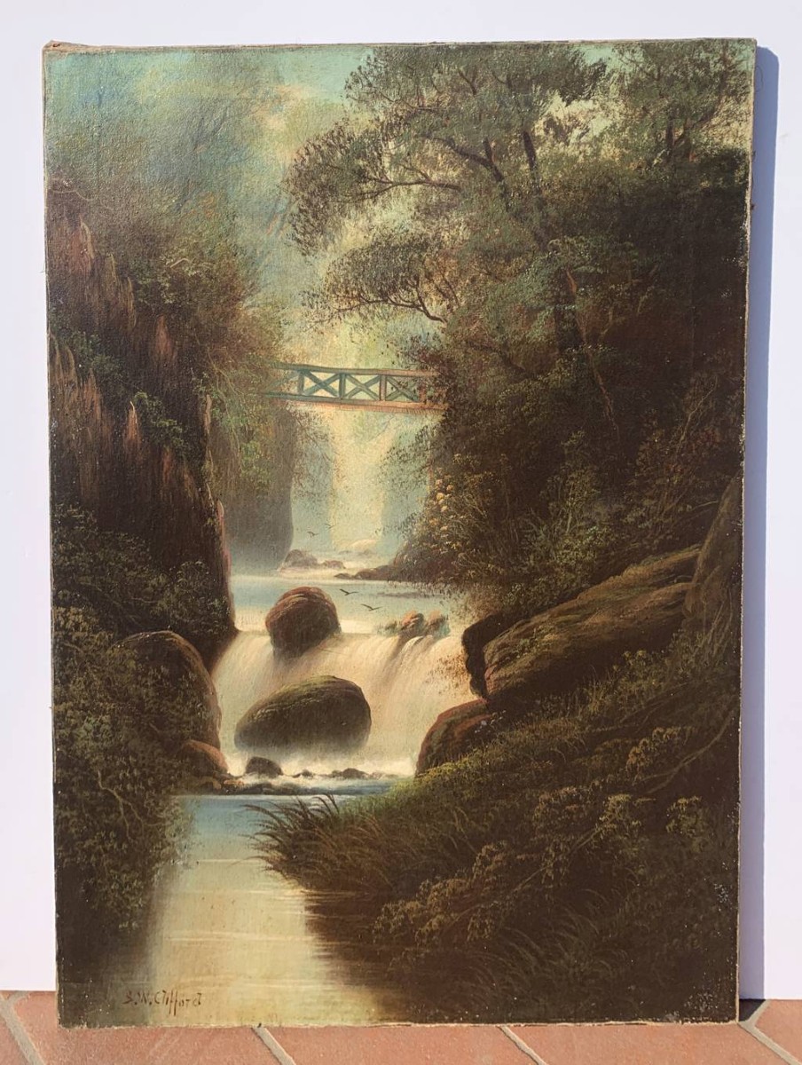 S.W. Clifford (British, fine XIX sec.) - Paesaggio boschivo con cascata. -photo-4