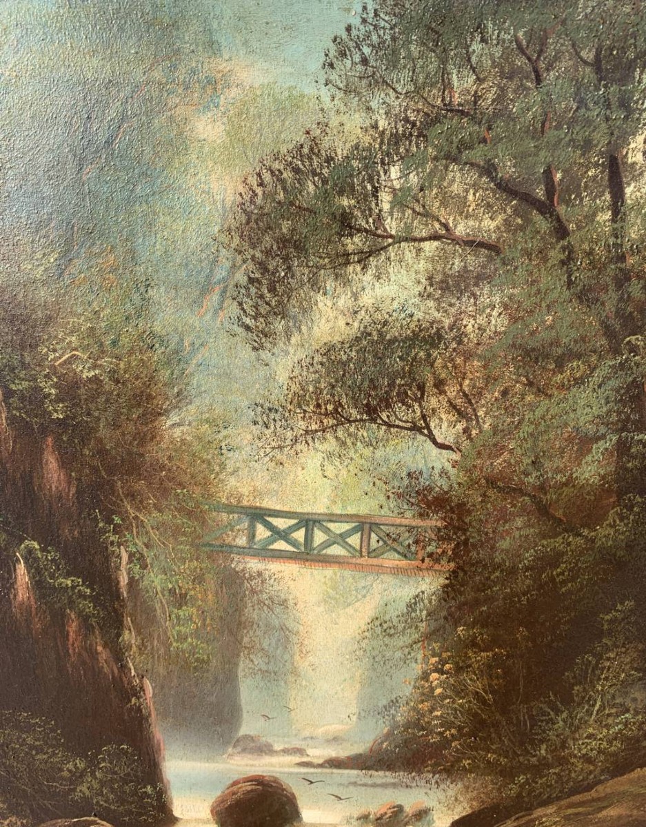 S.W. Clifford (British, fine XIX sec.) - Paesaggio boschivo con cascata. -photo-1