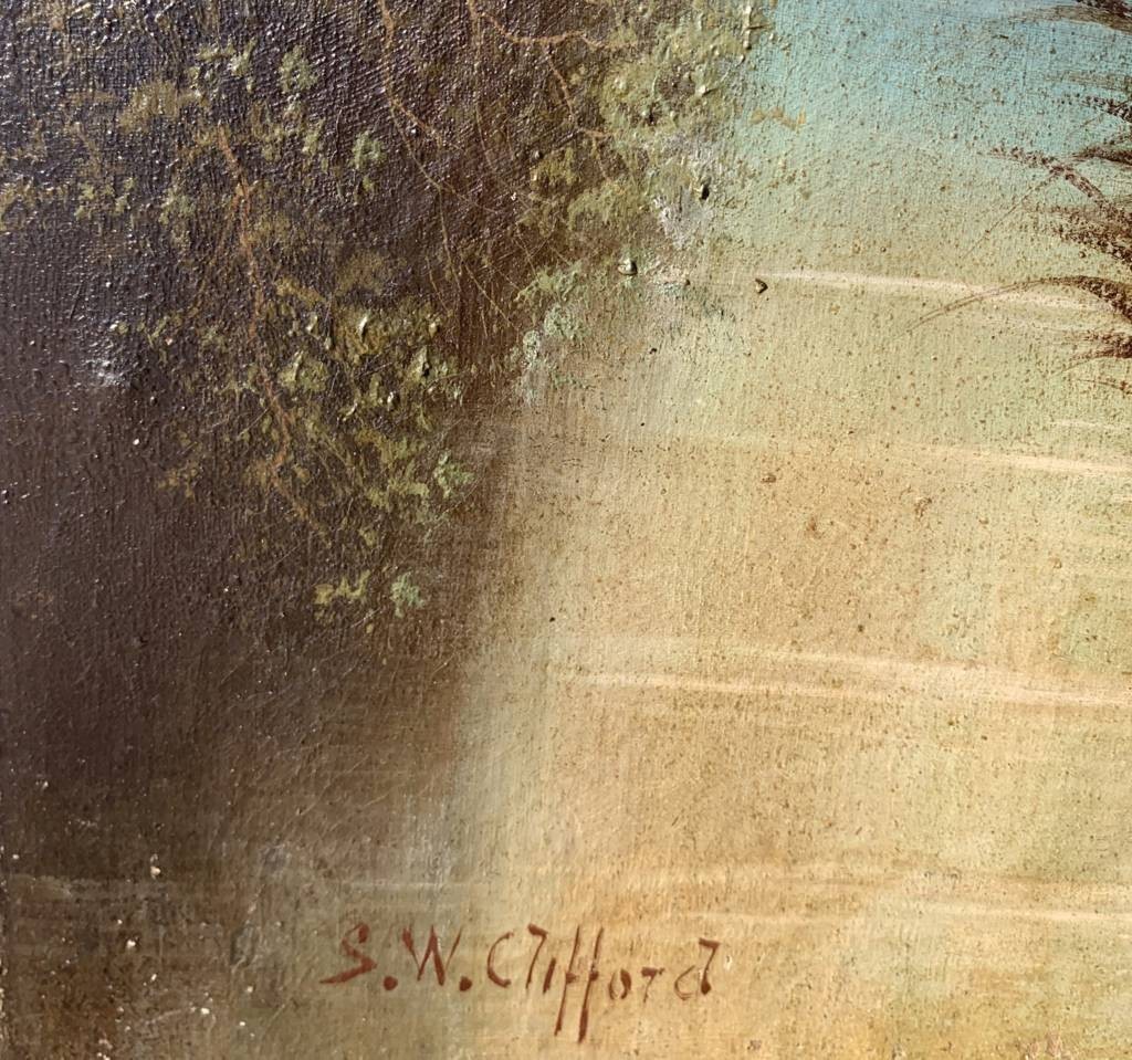 S.W. Clifford (British, fine XIX sec.) - Paesaggio boschivo con cascata. -photo-2