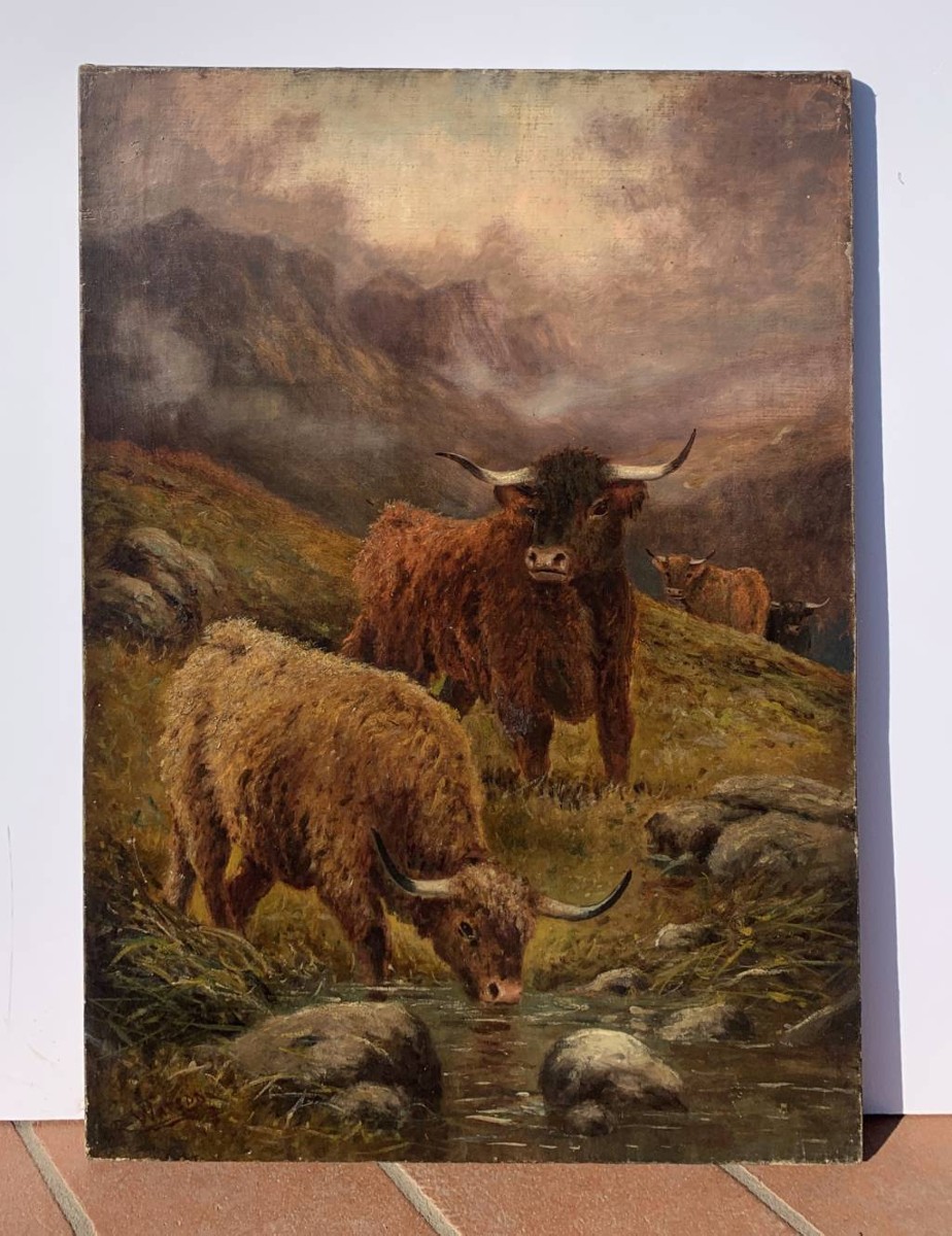 R. Watson (Britannico, fine XIX sec.) - Mandria di Highlanders al pascolo.-photo-3