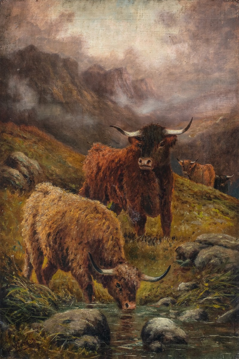 R. Watson (Britannico, fine XIX sec.) - Mandria di Highlanders al pascolo.