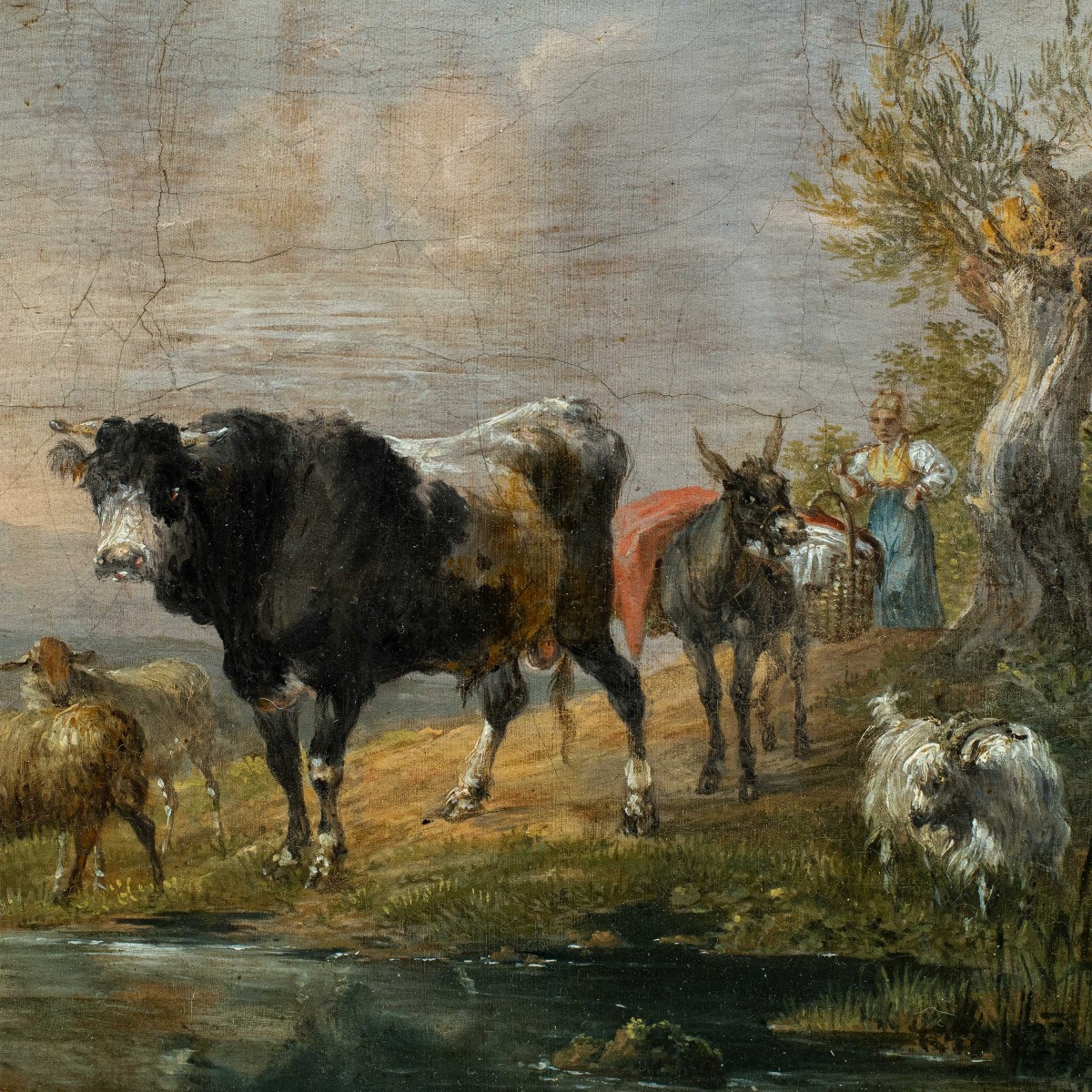 Pittore italiano (fine XVIII-inizi XIX sec.) - Paesaggio con mucche, capre e cane al ruscello.-photo-2