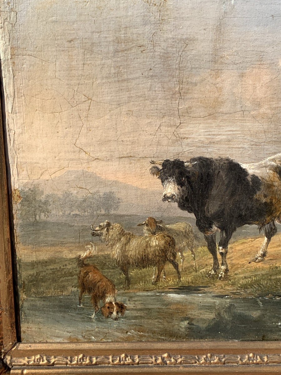 Pittore italiano (fine XVIII-inizi XIX sec.) - Paesaggio con mucche, capre e cane al ruscello.-photo-1