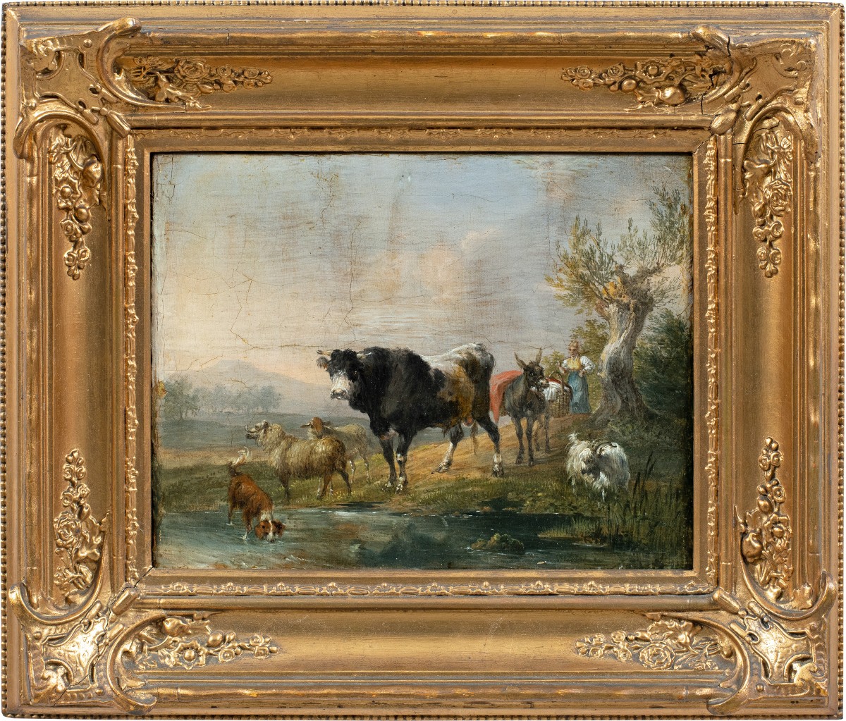 Pittore italiano (fine XVIII-inizi XIX sec.) - Paesaggio con mucche, capre e cane al ruscello.