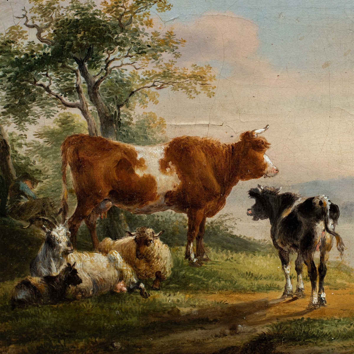 Pittore italiano (fine XVIII-inizi XIX sec.) - Paesaggio con mucche, capre e barca.-photo-2
