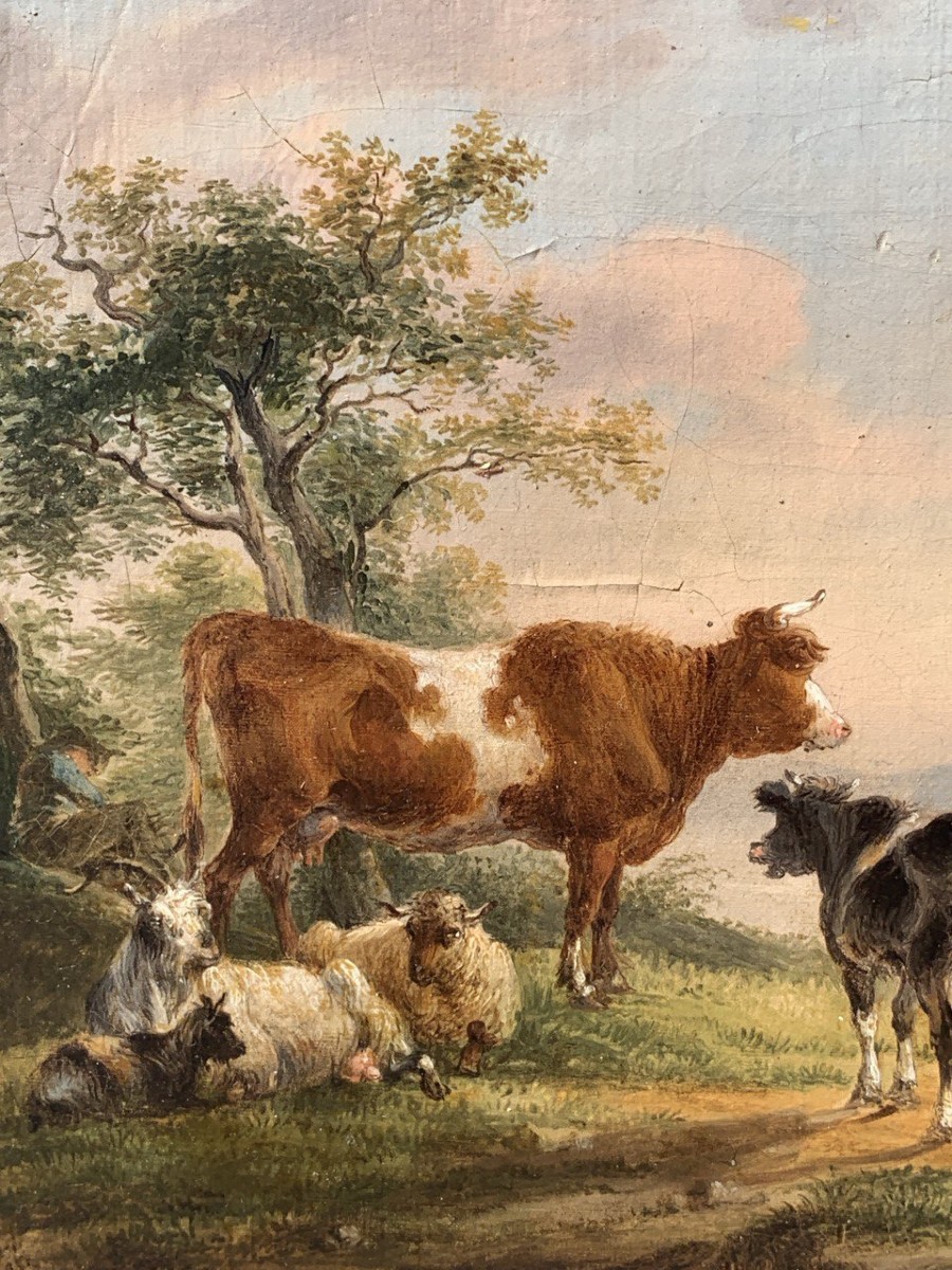 Pittore italiano (fine XVIII-inizi XIX sec.) - Paesaggio con mucche, capre e barca.-photo-1