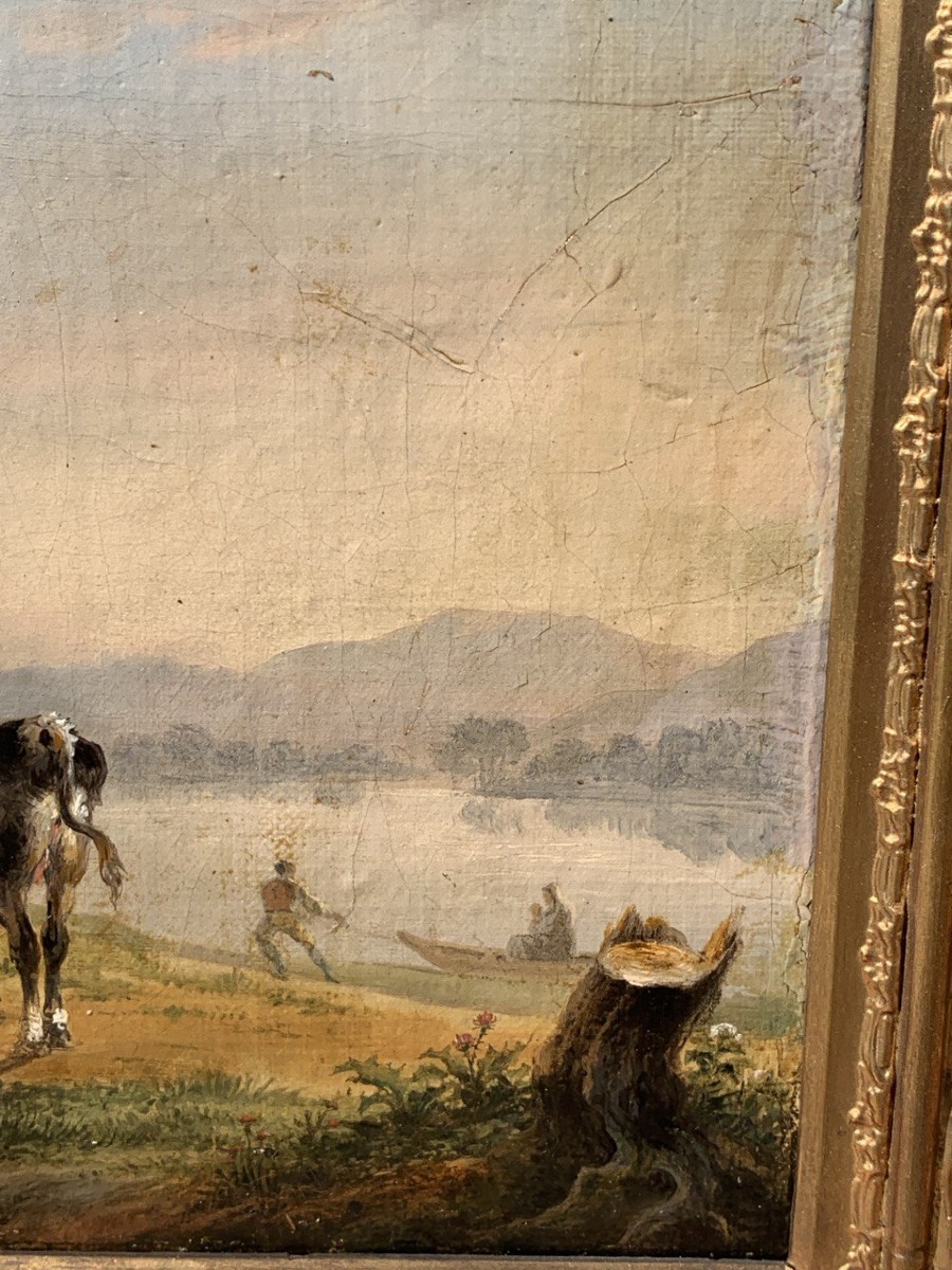 Pittore italiano (fine XVIII-inizi XIX sec.) - Paesaggio con mucche, capre e barca.-photo-2