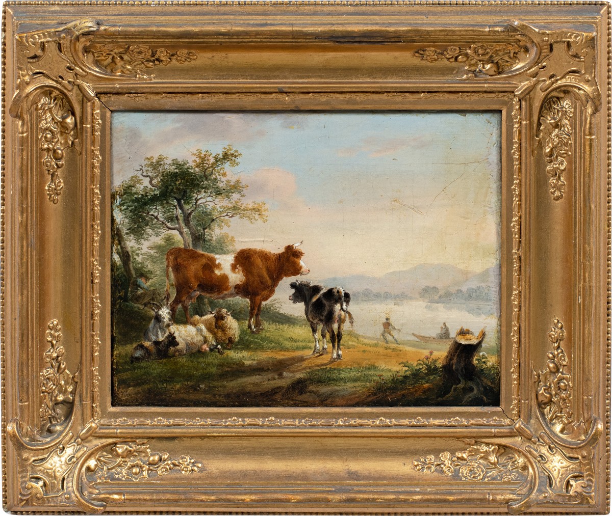 Pittore italiano (fine XVIII-inizi XIX sec.) - Paesaggio con mucche, capre e barca.