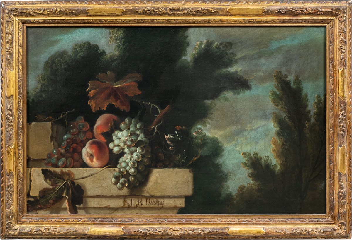 Jean-Baptiste Oudry (Parigi 1686 - Beauvais 1755) cerchia di - Architettura con natura morta.