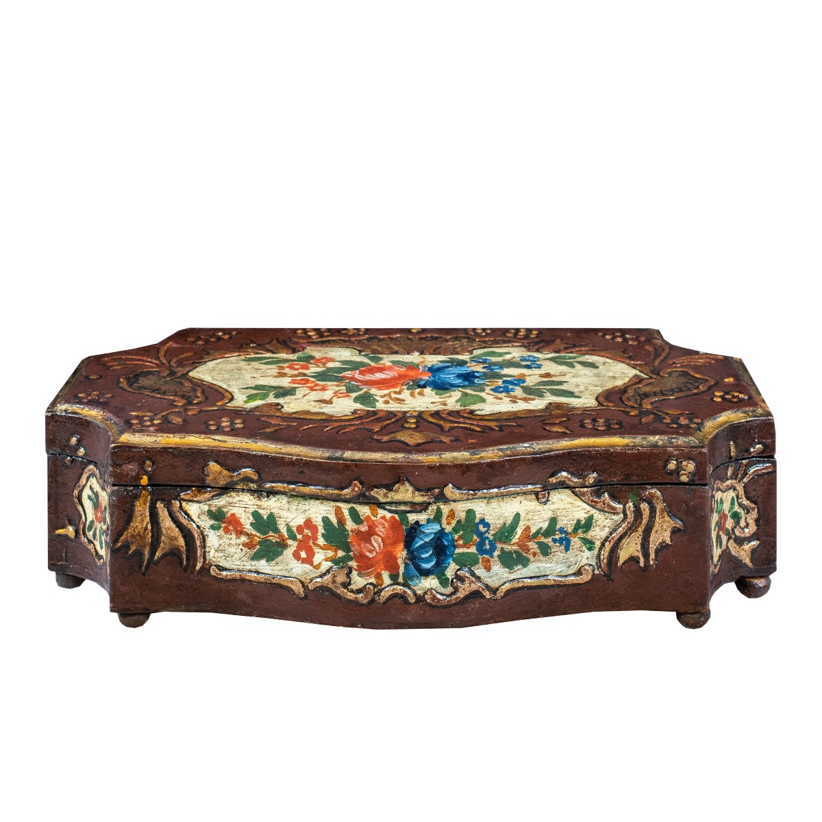 Scatola portagioie in legno intagliato, laccato e dipinto. Venezia, XVIII-XIX secolo.