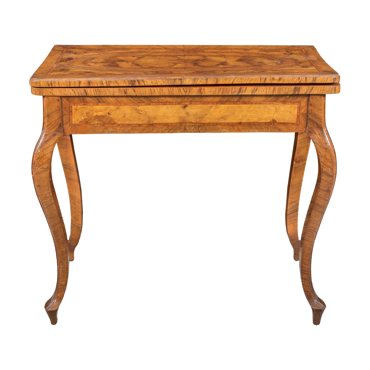 Tavolino da gioco lastronato in legno di ulivo. Toscana, XVIII secolo.