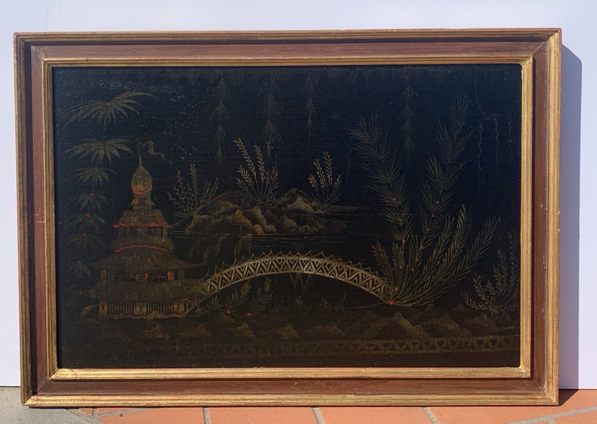Pittore cinese (XVIII secolo) - Scena orientale con pagoda e ponte. -photo-4