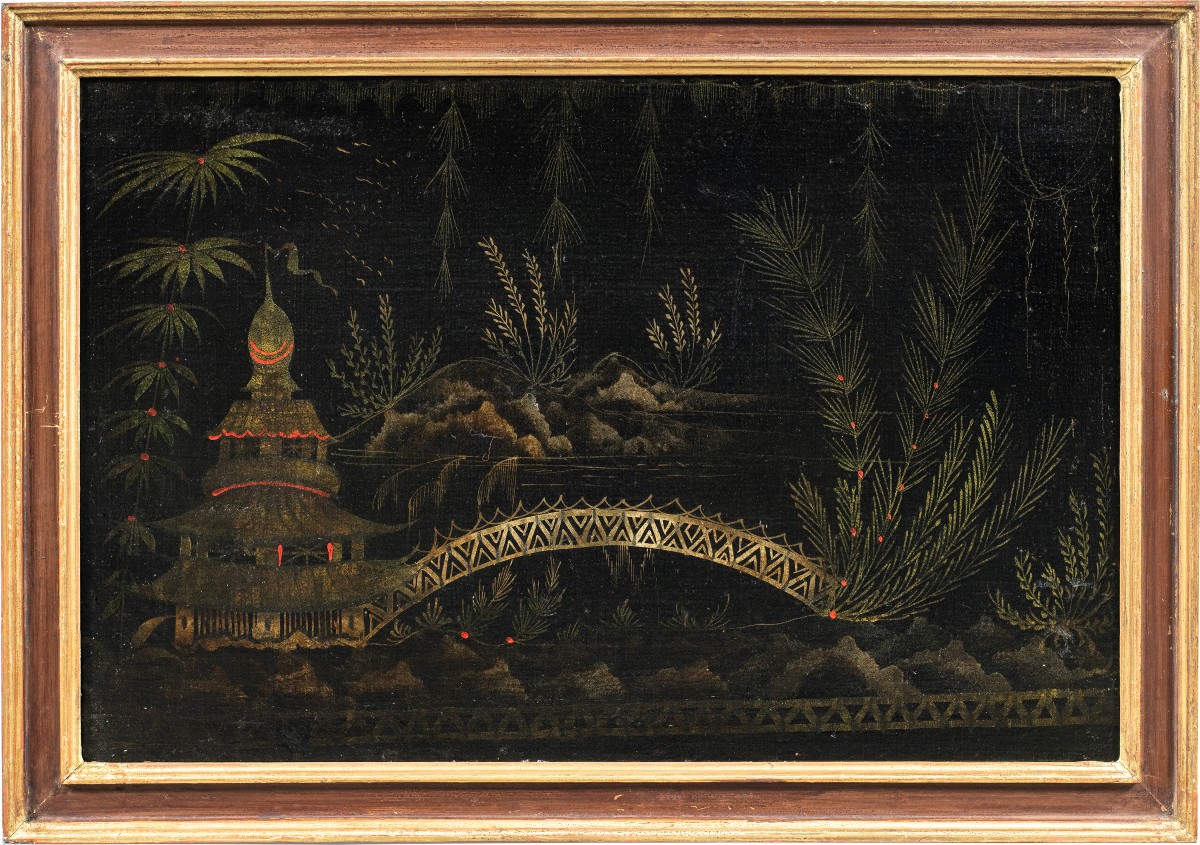 Pittore cinese (XVIII secolo) - Scena orientale con pagoda e ponte. 