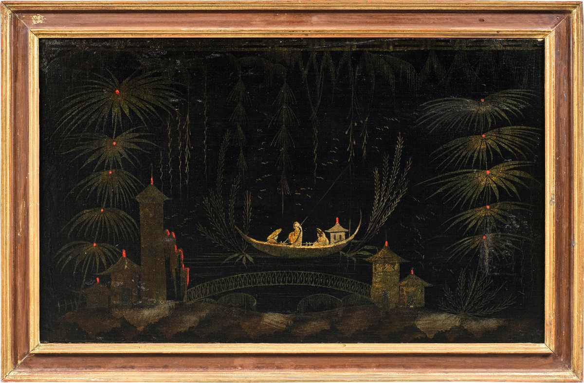 Pittore cinese (XVIII secolo) - Scena orientale con barca al fiume.