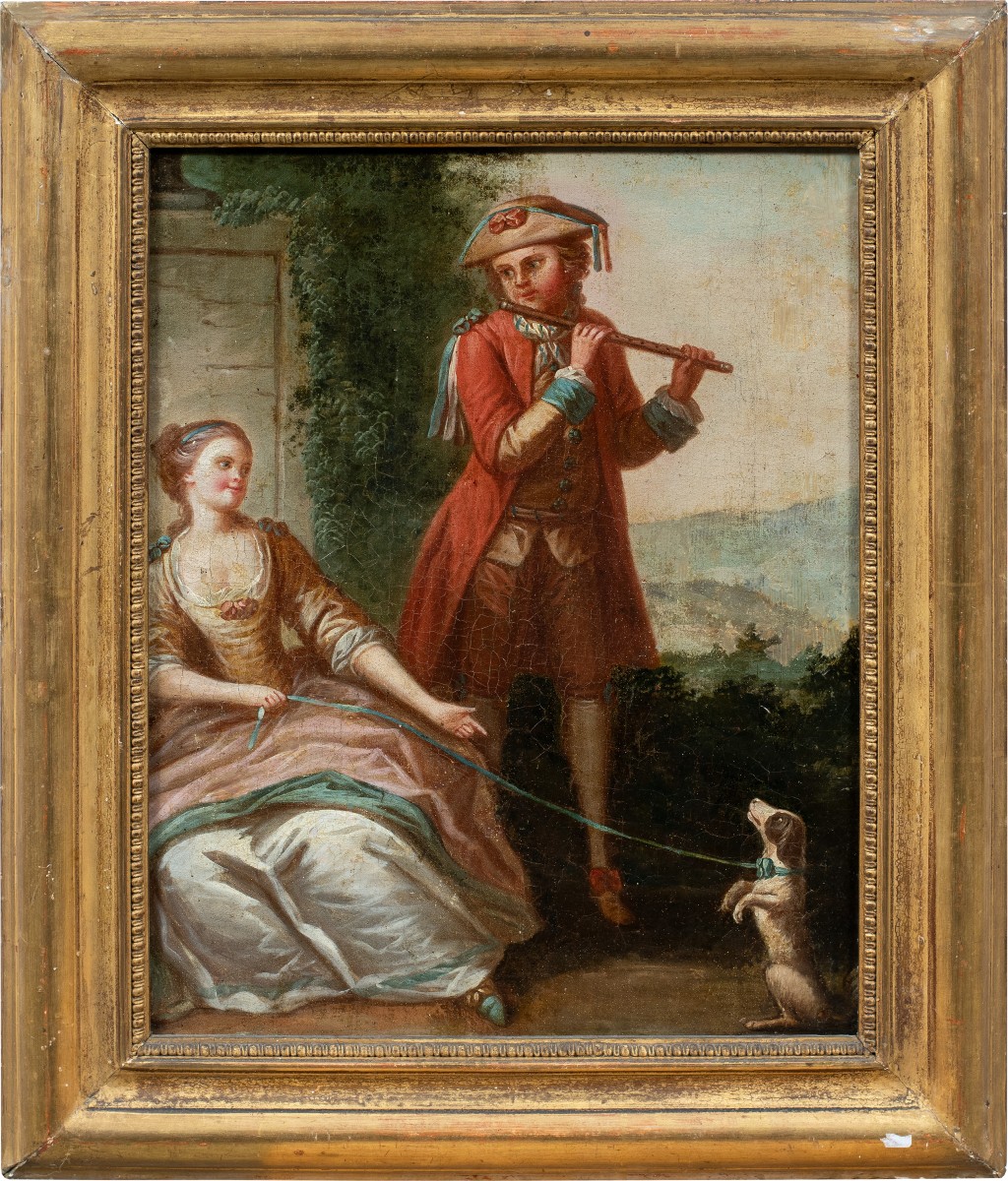 Pittore francese (XVIII sec.) - Suonatore di flauto e cane.