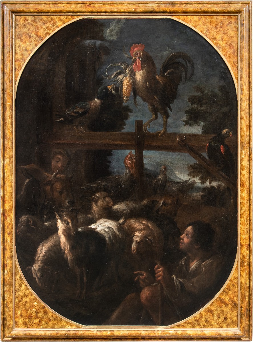 Felice Boselli (Piacenza 1650 - Parma 1732) - Pastore con gregge e selvaggina.