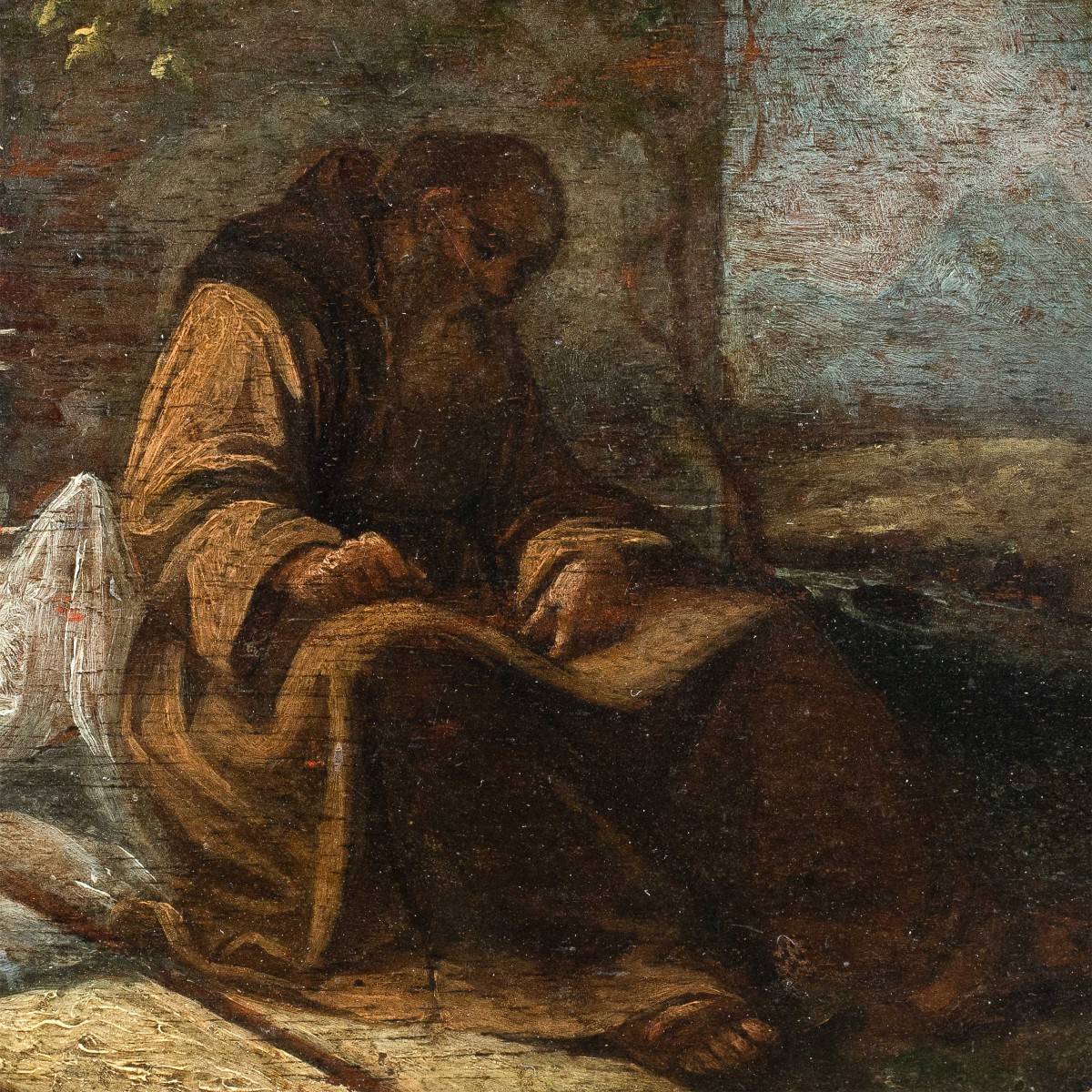 Pittore italiano (XVII-XVIII sec.) - Frate francescano pellegrino assiso a scrivere.-photo-2