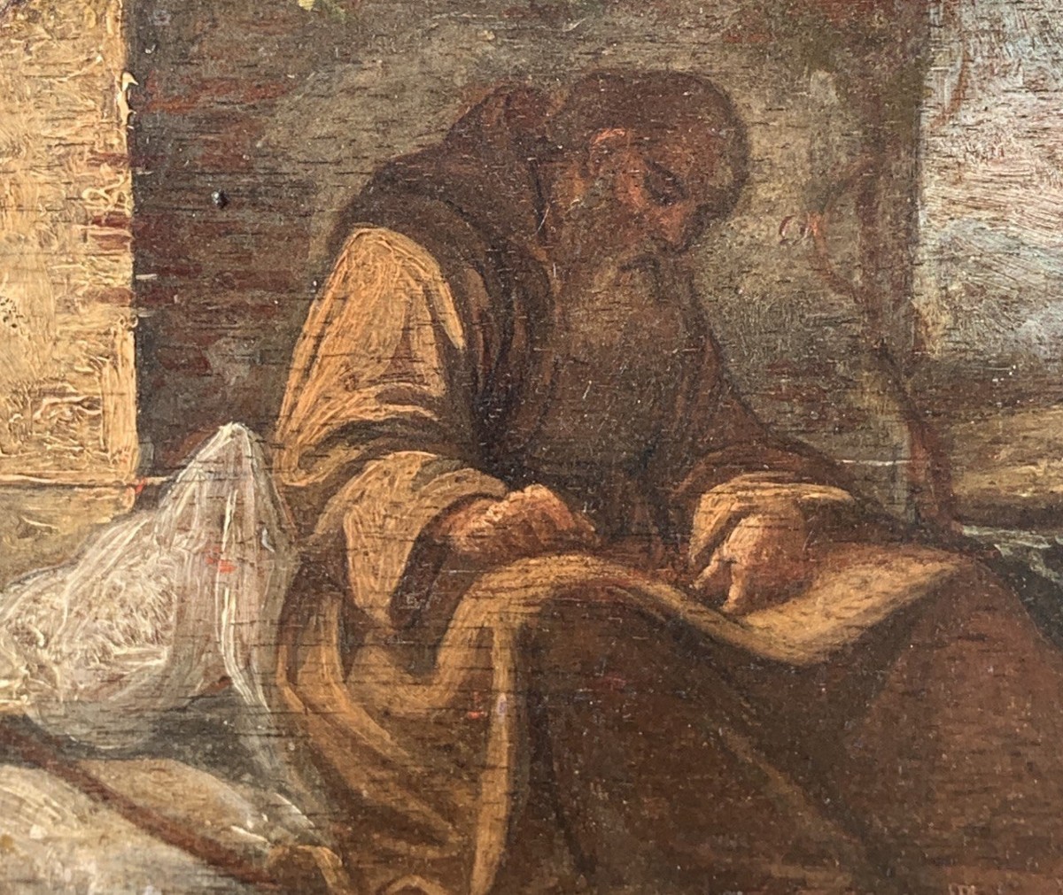 Pittore italiano (XVII-XVIII sec.) - Frate francescano pellegrino assiso a scrivere.-photo-1