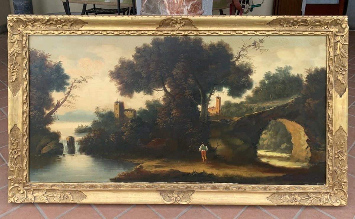 Pittore italiano (XIX-XX sec.) - Paesaggio fluviale con bosco e cittadina.-photo-4