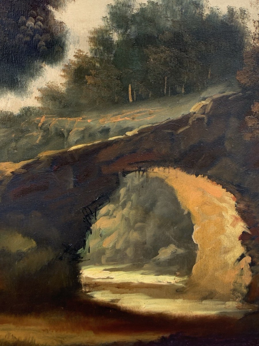 Pittore italiano (XIX-XX sec.) - Paesaggio fluviale con bosco e cittadina.-photo-1