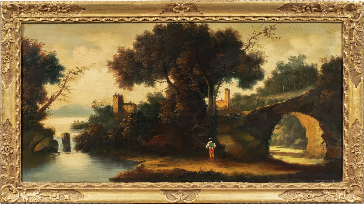 Pittore italiano (XIX-XX sec.) - Paesaggio fluviale con bosco e cittadina.