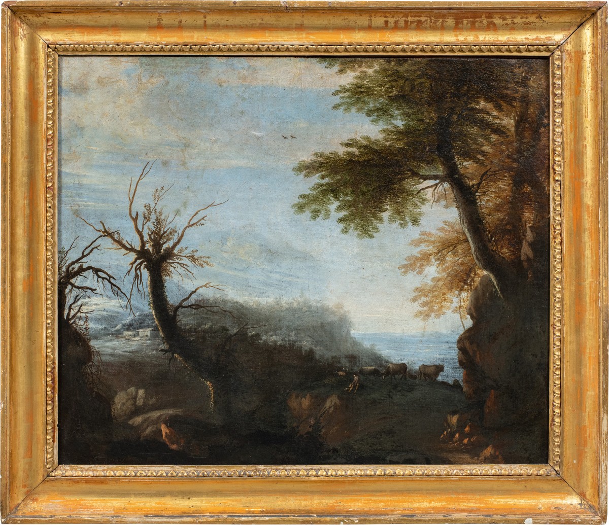 Alessio de Marchis (Napoli 1684 - Perugia o Urbino 1752) cerchia di - Paesaggio arcadico con pa