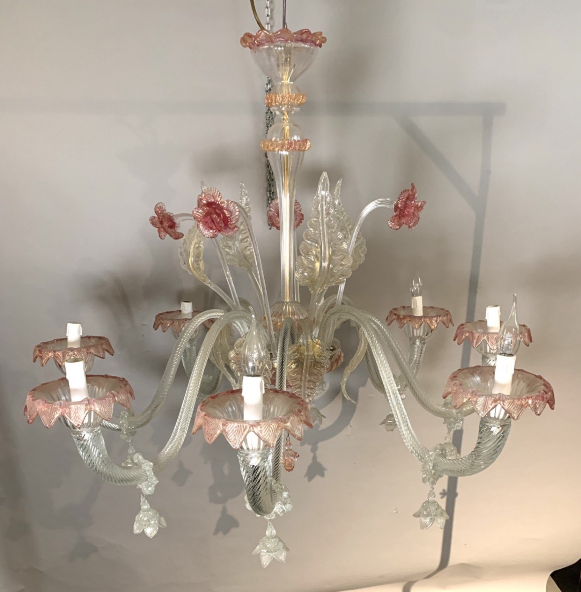 Lampadario a otto luci in vetro soffiato di Murano. Italia, inizi XX secolo.-photo-3